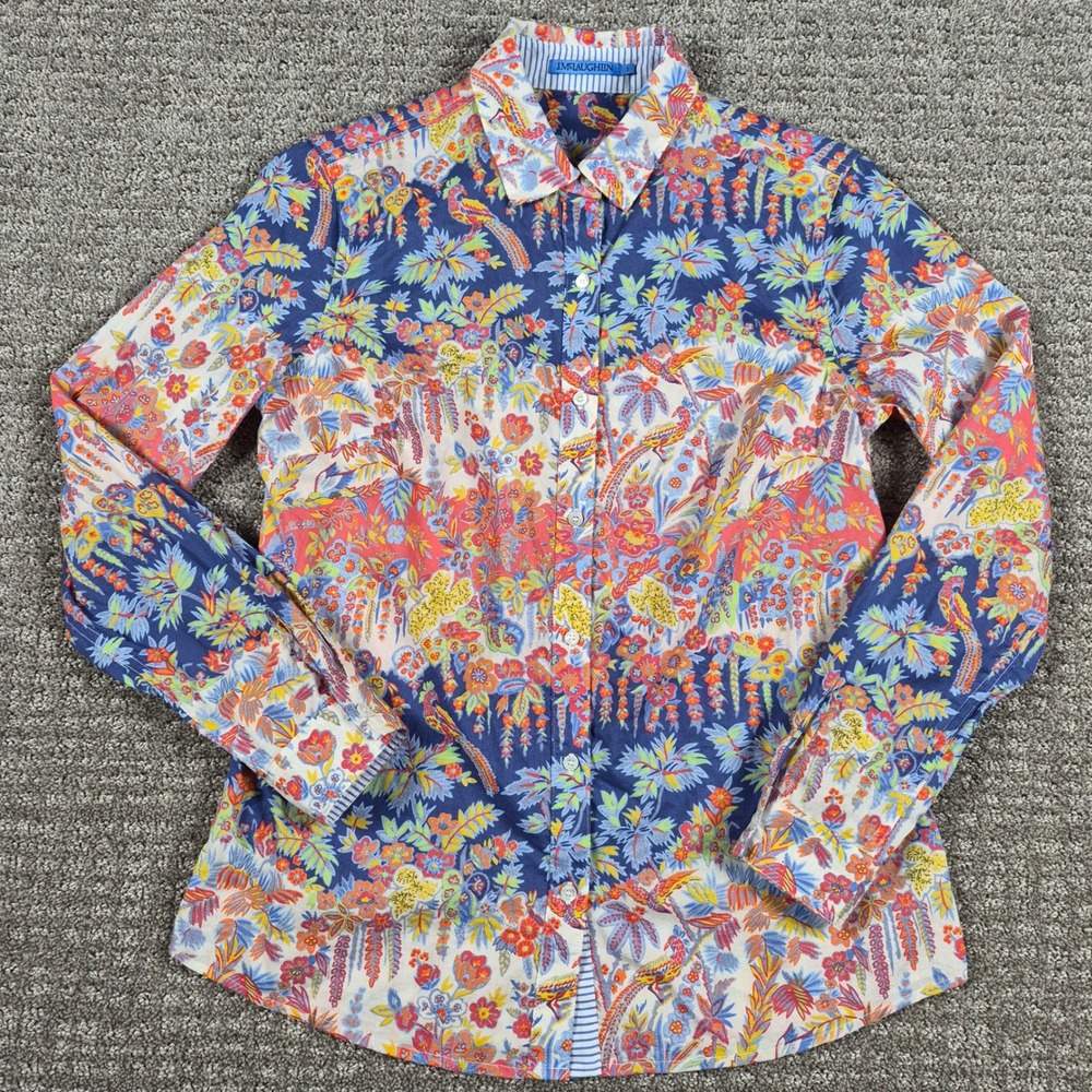 J McLaughlin Shirt Womens S Blue Tropical Bird Floral Print Button Down Cotton